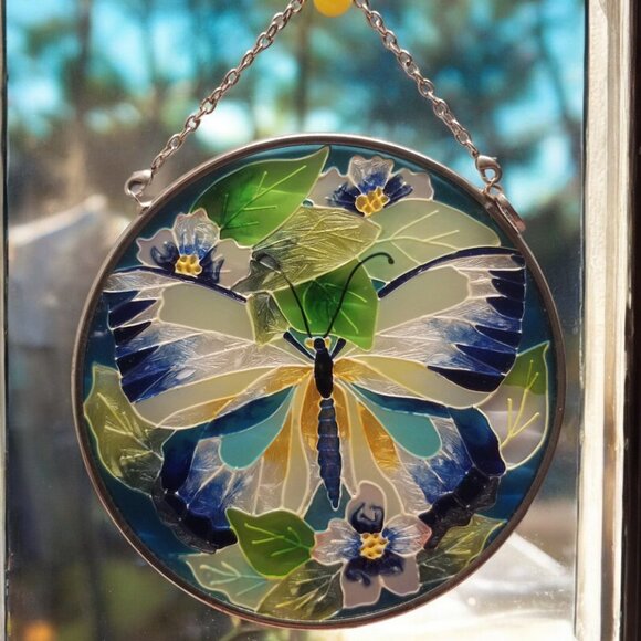 Amia Stained Glass Style Butterfly & Flower Suncatcher Round Indoor Window Decor - Picture 7 of 13